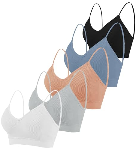 Seitop 5 Stücke Klassische BHS mit V Ausschnitt gepolsterte Cami Nahtlose Träger Bralette Alltag Basic Schlaf Sport Nahtloser BH für Damen Mädchen