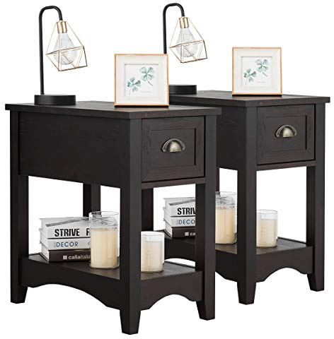 COSTWAY Mesitas de Noche, Mesa Auxiliar de Madera de Caucho, Mesa Lateral Retro, Mesillas de Noche Rectangular, Mesa Compacta con Cajón y Estante para Dormitorio (Nogal, Juego de 2)
