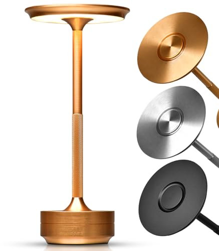 ELYSIA LED Akku-Tischleuchte Dimmbare Tischlampe Kabellos mit Touch für Innen & Outdoor [IP54], (extra-) Warmweiß [2200K-2700K-3200K], USB-C, Wieder-Aufladbare Nachttischlampe, Aluminium, Gold