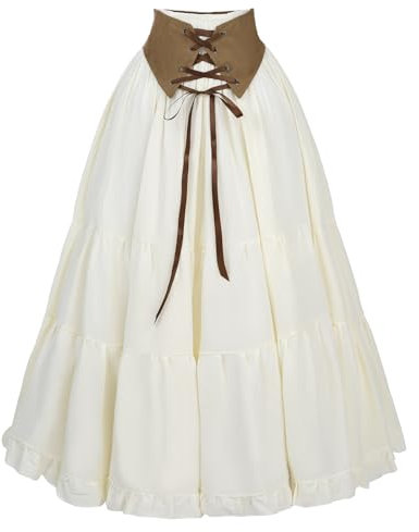 Fiamll Mittelalter Rock Damen A-Linie Lang, Elastische Taille mit Kordelzug, Renaissance Maxirock Beige, Victorianischer Stil, S