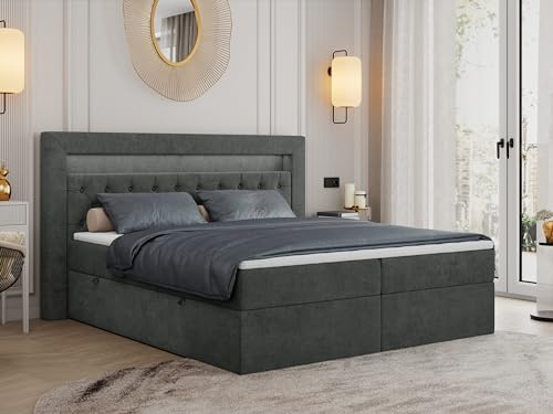 MKS MEBLE Boxspringbett 120x200 mit Led Grau, Bett 120x200 mit LED Kopfteil, Multipocket Matratze H3, Doppelbett mit Bettkasten Stauraumbett - Gold-6 - Dunkelgrau Struktur