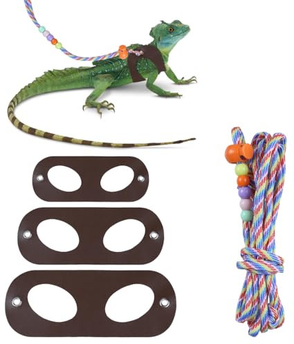 Bartagamengeschirr und Leine, 3 Größen Leder Reptilledergeschirr mit verstellbare Leine für Eidechsen, Reptilien, Meerschweinchen, Chamäleons, Amphibien und andere Kleintiere