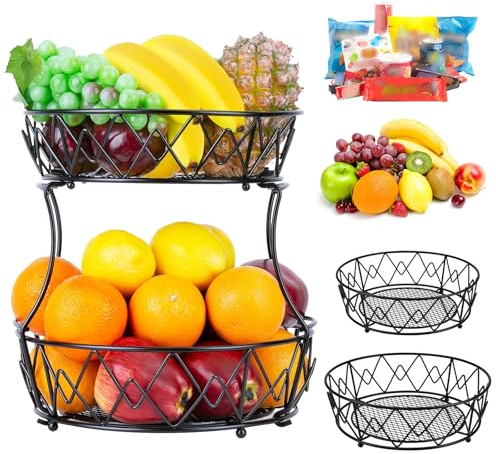 LPAMABA Cesta para Fruta de 2 Niveles Fruteros de Cocina Negro Estantes de Frutas para Mesa Frutero Decorativo para Mesa Soporte Cesta para Fruta Organizador de Frutas y Verduras para Hogar Oficina