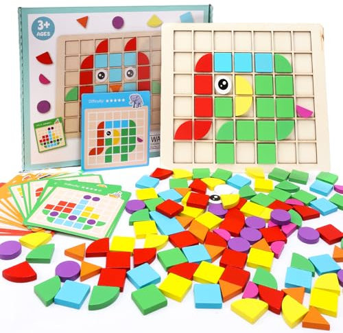 DKINY 125PCS Mosaik Holzpuzzle Kinder Geometrische Formen Holzpuzzles Montessori Spielzeug ab 3 4 5 6 Jahre Kinderpuzzle Hölzerne Blöcke mit 22 Designkarten Tangram Lernspiel Steckspiel Kinder 3+