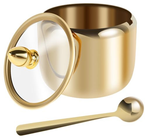 Sugar Container with Clear Glass Lid and Spoon, 304 Stainless Steel Gold Sugar Bowl 10OZ Spice Jar Dishwasher Safe Seasoning Container Multifunctional Sugar Jars for Salt, Sugar, Spice, Tea, Coffee
