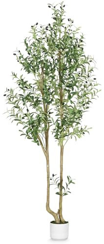 HZXGCP 7FT Artificial Olive Tree Indoor, Fake Olive Tree with White Pot, Faux Olive Tree with Dense Leaves & Realistic Fruits, Tall Artificial Plant for Home Living Room Office Entryway Decor