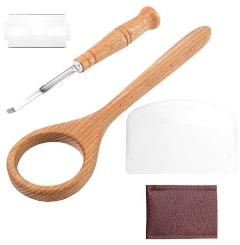 Frusta per Impasto in Legno, Forniture per la Panificazione del Pane con Pasta Madre in Legno con Taglia Pane Lame in Acciaio Inox Fondina Raschietto in Plastica Frusta per Impasto Danese