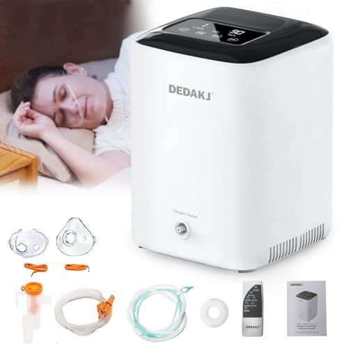 DEDAKJ Concentrador de Oxígeno, 1-7L/min Flujo Ajustable, Máquina de Oxígeno 93% de alta Concentración ≤39±3db Super Silencioso auto-humectación, Función de Atomización, Adecuado para Viajes, Hogar
