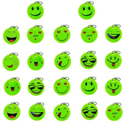 Bipl 22 Stück Sicherheits Reflektor Anhänger, Kinder Sicherheits Reflektor Smiley Schlüsselanhänger, Reflektoren Kinder, Leuchtanhänger Schulranzen, für Rucksäcke, Wandern, Nachtlaufen und Radfahren