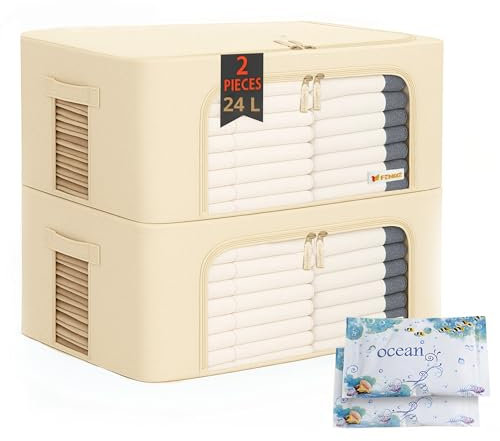 FENIXE_Contenitori Per Armadio Salvaspazio 24L, Beige - Scatole Portaoggetti Confezione da 2 - Organizer Armadio Con Finestre Trasparenti Impilabile, Pieghevole, Resistenti all’Acqua 2x24L Beige
