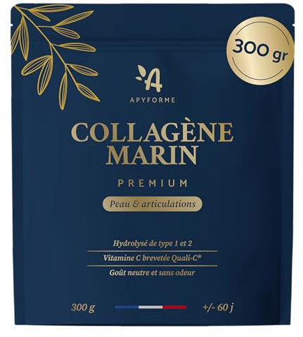 Collagène Marin Poudre Type 1 et 2 Hydrolysé - Peptides 1500/2000 Daltons - Enrichi en Vitamine C Brevetée - Sans Goût ni Odeur - 300g, Jusqu’à 2 Mois de Cure - Fabriqué en France par Apyforme