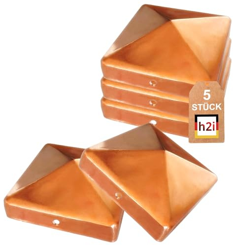 h2i Pfostenkappe | Kupfer | 71 x 71 mm | 5 Stück | Eckige Abdeckkappe für Garten Holzpfosten Pfostenträger & Zaunpfosten in Pyramidenform | Wetterschutz für Holz-Balken & Pfosten