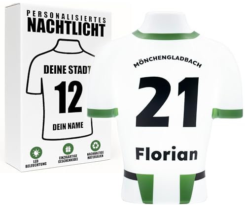 LAMPARENA - Fußball Nachtlampe mit Wunschnamen – LED Namensschild, personalisierte Trikot Nachtlicht für Kinder & Erwachsene, Individuelle Geschenke für Männer [Weiß-Hellgrün | 25x30 cm]