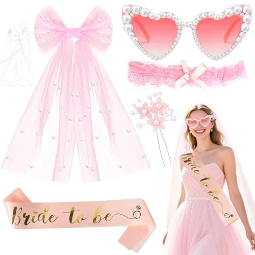 YeahBoom 4 Stück JGA Accessoires Frauen,Schleier JGA Weiße,Bride to Be Schärpe,Herz Sonnenbrille Perle,Braut Stirnband,Jga Frauen für Junggesellenabschied,Bachelorette Party und Hochzeitsfotografie