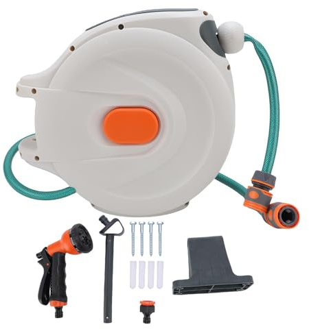 NOENNULL Garden Hose Reel Wall Mount Retractable Pressure Washer Hose Reel, Auto Rewind Power Washer Any Length Lock Water with Sprayer for Washing Car Cleaning (10m / 32.8ft)