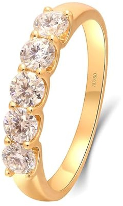 Schmuck Ringe, Verlobungsring Damen Fantasy 5 Runde Synthetische Diamanten 0,3 Karat Silber 14K Gelbgold Größe 62 (19.7)