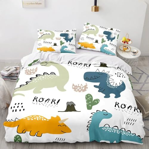 TSOPEFI Dinosaurier Muster Kinder Bettwäsche,Niedlich Cartoon Bunter Dinosaurier Druck Bettbezug,Verspielt Dekorativ Betten Set für Jungen Mädchen (D, 135x200cm)