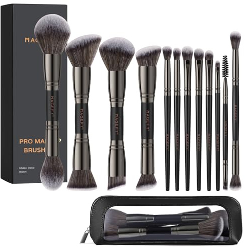 MAGEFY Make Up Pinsel Set, 12 Schminkpinsel 18-in-12 Duo-End Pinsel Foundation Puder Lidschatten Professionelle Pinselset Makeup mit Etui, Schwarz
