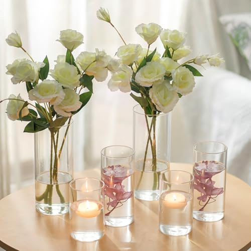 Hewory Glasvase Zylinder Kerzengläser für Tischdeko: 3mm Wandstärke Vasen Set 6er Windlicht Glas für Hochzeitsdeko - Zylindervasen Set Groß Vase Glas Glaszylinder für Deko Wohnzimmer Home Party