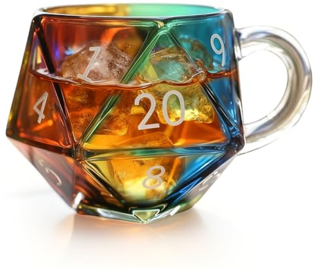 Zinueen D20 Würfelbecher mit Würfeln - 20 Seitiger Polyedrischer Regenbogenglas Becher mit Henkel für RPG & Fantasy Fans, Spieleabend Geschenk