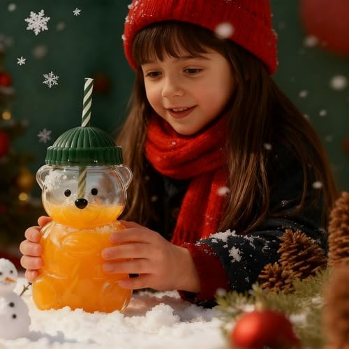 Caikbms Bears Straw Glass Cups, Christmas Honey Bear Coffee Cup with Lids, 20 Oz Cute Mugs Holiday Sippy Cups Juice Milk Cocktail Drinks Glassware Xmas Birthday Gifts 3pc