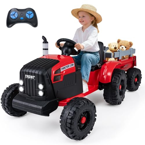 COSTWAY Elektro Traktor mit Anhänger, 24V Aufsitztraktor elektrisch inkl. Fernbedienung, Kindertraktor mit Musik, USB, Sanft-Start & LED Lichtern, Elektrotraktor für Kinder ab 3 Jahren (Rot)