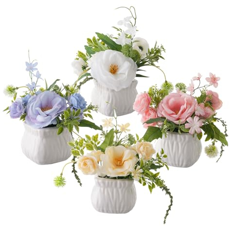 4Pcs Artificial Flowers with Ceramic Pots, Faux Silk Bouquets Home Decor | Small Fake Flower Arrangements in Vases, Realistic Table Centerpieces Floral for Party Wedding Decorations