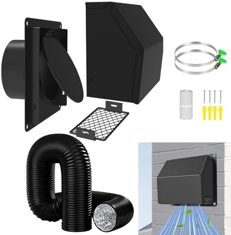 100mm Cowled Wall Vent Cover with Tumble Dryer Vent Hose, Backdraft Damper, Removable Mesh, Rain Guard, Extractor Fan Vent Cover, Air Vent Cover for Tumble Dryer, Extractor Fan, Bathroom & AC