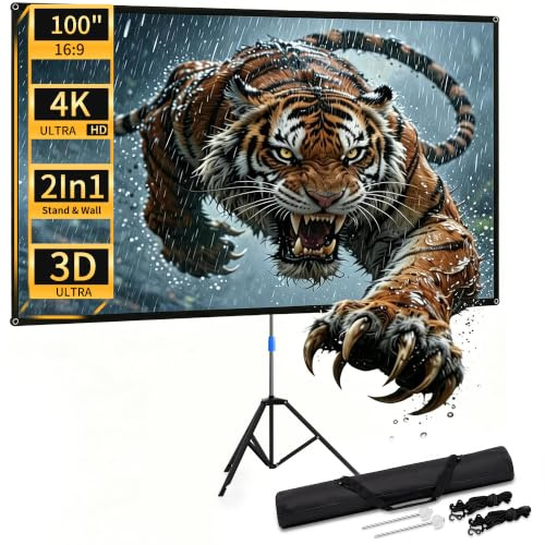 WASJOYE 100 Zoll 16:9 4K HD Beamer Leinwand Outdoor | Beamer Leinwand mit Stativ für Projektionsleinwand,inkl.Heringen Seilen,für Home Party, und innen/außen Filme,222*125cm