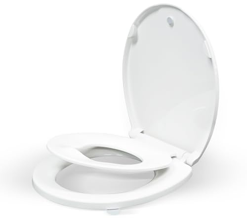 KHE Round Toilet Seat with Child Seat 16.5 Inch, Soft Close Toilet Seat with No-Touch Handle, Quick Release, Non-Slip, Durable PP, White