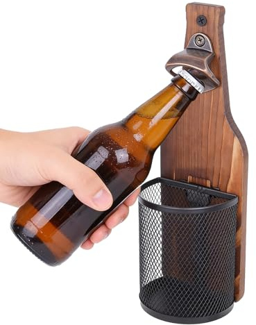 Beer Opener Wall with Bottle Caps Collector, Vintage Wooden Bottle Opener Wall Mounted, Wall Bottle Opener with Collection Container, for Kitchen, Patio, Bar, Beer Gifts for Men and Beer Lovers