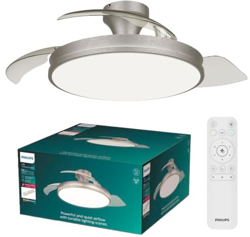 Philips Atlas, Ventilatore a soffitto, 3 pale retrattili e LED, Nichel | Pala aperta 106 cm, 4500 lm, Luce bianca, Dimmerabile, 3000-6500 K, Regolabile fino al 5%, Telecomando incluso
