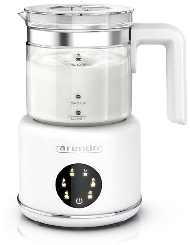 Arendo – Milchaufschäumer elektrisch – 600 Watt Heizelement – 500 ml – 6 Automatikprogramme – Milchschaum für heiß und kalt – 2 Einsätze – für Cappuccino Latte Macchiato heiße Schokolade