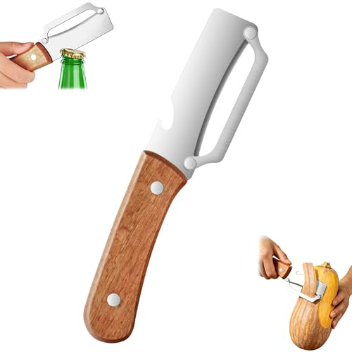 AUAUY 1PCS Multifunctional Vegetable Peeler for Carrot and Fruit | Stainless Steel Potato Peelers with Ergonomic Non-Slip Wooden Handle, 2-in-1 Single-Blade Fruit Peeler and Bottle Opener