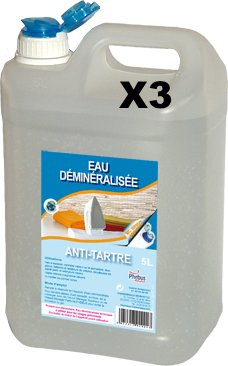 Lot de 3 bidons de 5 litres d'eau déminéralisée à 100%, bidon bec verseur robuste et recyclable, idéale pour Appareils Ménagers (fer à repasser) et Industriels