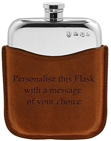 English Pewter Company 6oz Pewter Hip Flask with Luxury Brown Leather Pouch. Personalised with Free Engraving [PLF01]
