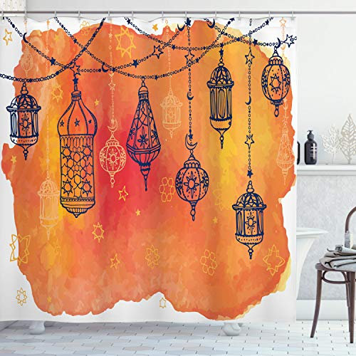 ABAKUHAUS traditionell Duschvorhang, Naher Osten Orient, Stoffliches Gewebe Badezimmerdekorationsset mit Haken, 175 x 220 cm, Orange Vermilion Schwarz