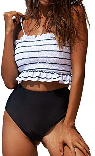 RXRXCOCO High Waisted Bikini Set for Women Strapless Bikini Bandeau Ruffled Bikini Padded 2 Piece White Black
