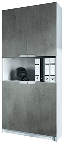 Vladon Büroschrank Logan V2, Made in Germany, Aktenschrank mit 5 Fächern und 4 Türen, Weiß matt/Beton dunkel Optik (82 x 184 x 37 cm)