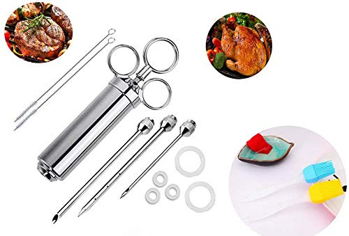 Becho Marinade Meat Injector with 3 Needles,304 Stainless Steel BBQ Injector,Professional Food Syringe Kit with 2 Brushes for Clean and 4 Spare O-Rings,2 Oil Brush(60ml/2oz)