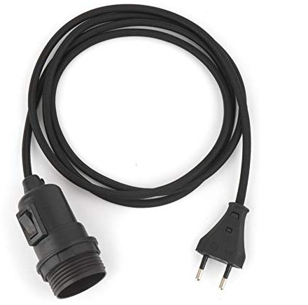 1.8m Plug-In Lampe SCHWARZ, Textilkabel mit Lampenfassung aus Thermoplast (TEILGEWINDEMANTEL) mit Schalter und Eurostecker