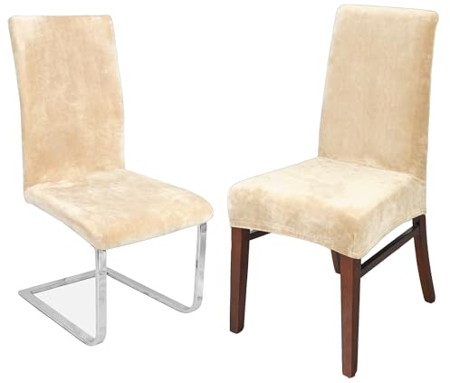 LANSHENG Dehnbare Stuhlhussen für Esszimmerstühle, Stretch-Spandex mit elastischem Band, Stuhlbezug, Samt, große Esszimmerstuhlhussen für Restaurant, Hotel, Party, Bankett (Beige, 2er-Pack, M)