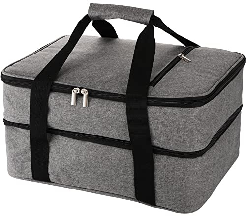 ZEAYEA Insulated Double Casserole Carrier, Lasagna Holder Tote for Hot or Cold Food, Thermal Bag for Potluck Party, Picnic, Cookouts, Camping, Fits 9x13 Baking Dish, Grey