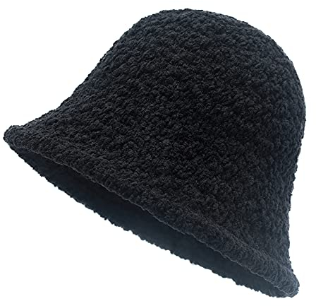 Damen Winter Kuppel Wolle Fischerhüte England Stricken Warm Solide Fedora(Sherpa Schwarz)