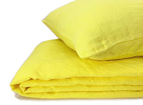 JOWOLLINA Natur Leinen Bettwäsche-Set Soft Washed Finish 180 g/m2 (Yellow, 155x220 cm, 40x80 cm)