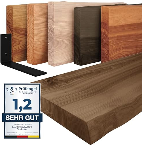 LAMO Manufaktur Wandregal Holz Baumkante | Regal Farbe: Nussbaum | mit schwarzem Basic Regalträger | 90 cm