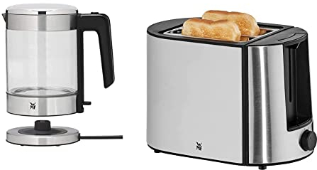 WMF Küchenminis Glas-Wasserkocher 1,0l, 1900 Watt, Wasserstandanzeige & Bueno Pro Toaster Edelstahl, Doppelschlitz Toaster mit Brötchenaufsatz, 2 Scheiben, 6 Bräunungsstufen, 870 W, edelstahl matt