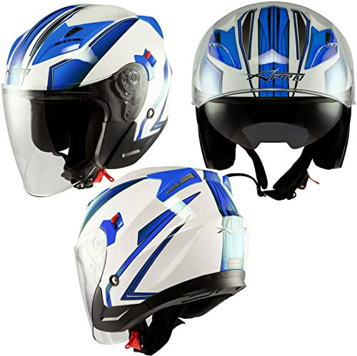 A-Pro Casco Moto Jet Scooter Visiera Doppia Certificato ECE 22-06 Bianco Blu XL