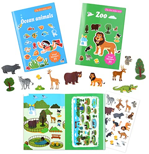 Vicloon 2pcs Wiederverwendbare Stickerbuch, Aufkleber für Kinder Tiere und Meer Verschiedene Blätter Farbig Aufkleber, Kleinkinder Sticker für Geburtstag Weihnachten Geschenk für Kinder 2-6 Jahren
