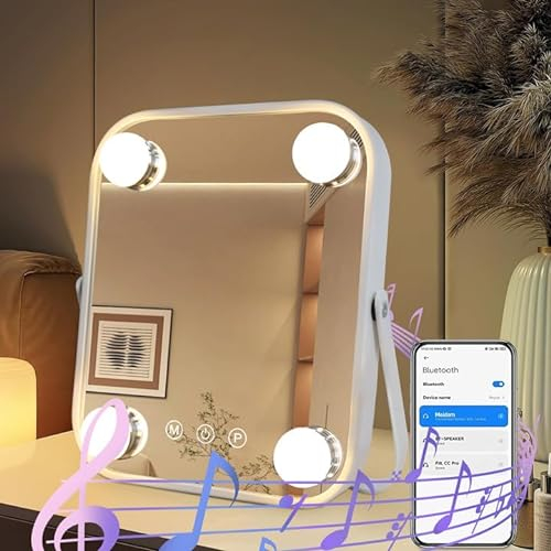 Meidom Bluetooth Schminkspiegel mit Beleuchtung, Kosmetikspiegel mit 4 Verstellbaren LED-Leuchten und 3 Farbe Licht, Touch-Steuerung, 360°Drehbar 22 x 25 cm Spiegel